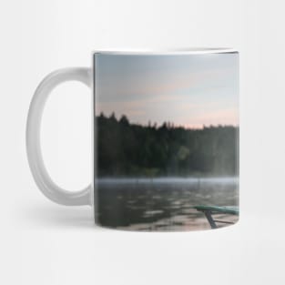 Two Chairs on pier. Amazing shot of the Ferchensee lake in Bavaria, Germany. Scenic foggy morning scenery at sunrise. Mug